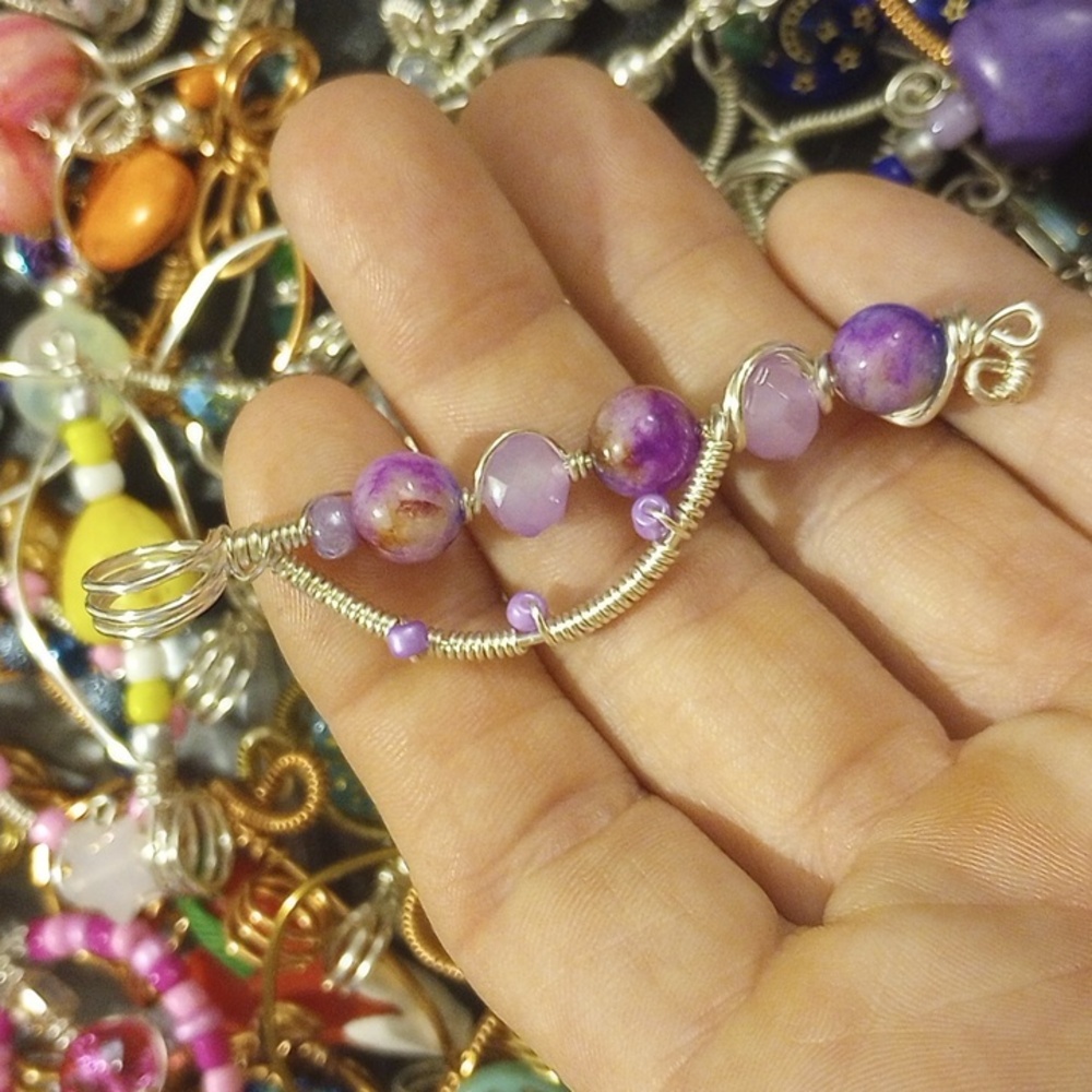 Handmade Purple glass beads pendant, Silver tone coated copper wire.